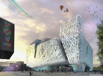 Un rendering del Palazzo Italia, edificio simbolo di EXPO 2015. La struttura avrà una pelle trattata con il TX Active di Italcementi