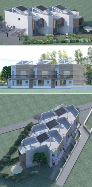 Viste virtuali di un complesso di case a schiera in corso di realizzazione a Fano (PU). Progetto: Arch. Michele Ricci e Ing. Giovanna Nardini. Dall’alto in basso: fronti Sud e Ovest, con lo spazio filtro della loggia e la pensilina a parziale ombreggiamento del solarium, cui sono integrati pannelli fotovoltaici; prospetto Nord-Est, in cui si colloca l’ingresso alle residenze; vista generale con l’organizzazione del sistema degli spazi verdi e di tutti gli elementi per il controllo dell’irraggiamento solare (© ing. G. Nardini e arch. M. Ricci).