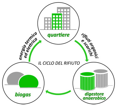 Il ciclo della gestione del rifiuto. Il rifiuto organico del quartiere che digerito produce biogas è impiegato per generare energia termica ed elettrica che alimenta il quartiere stesso.