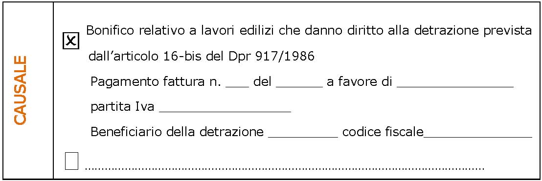 Bonus ristrutturazioni: modello per causale bonifico bancario parlante Ristrutturazione bonus