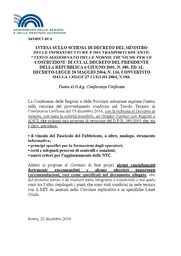 frontespizio nuove NTC 2017 - Parere Conferenza Stato Regioni 22 dicembre 2016